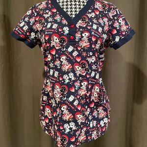 koi tokidoki stretch “Nora Scrub Top”, size small, navy palette w/unicorn print